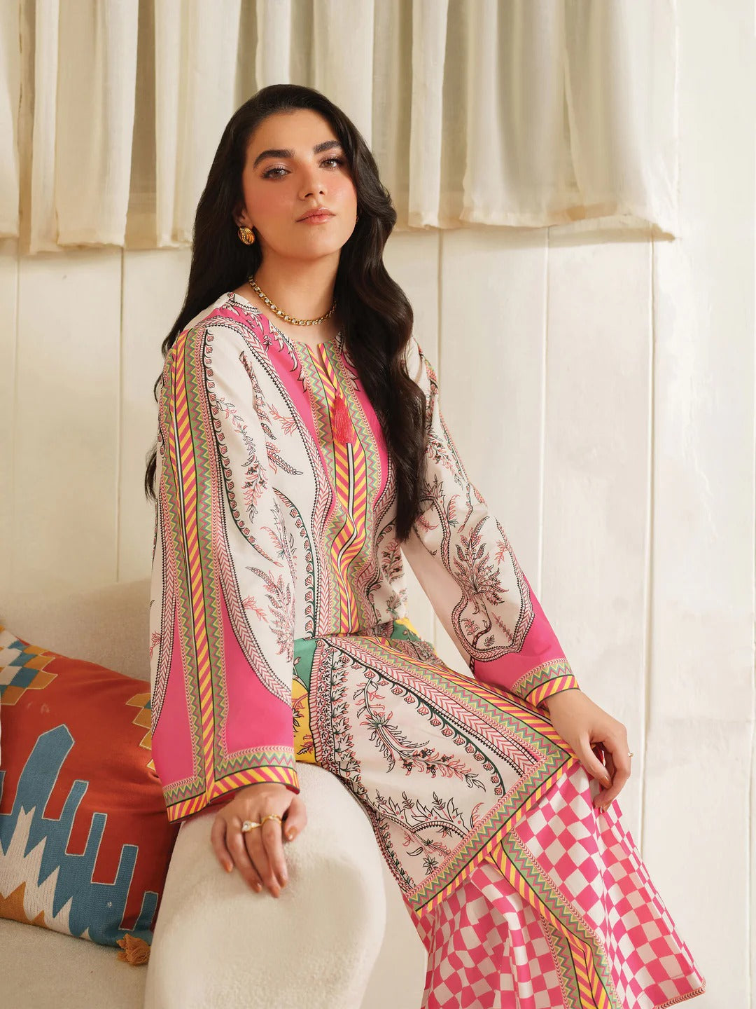 Vibrant Printed 2Pc Crepe Suit with Pink Geometric, Ethnic Fusion & Trouser Set