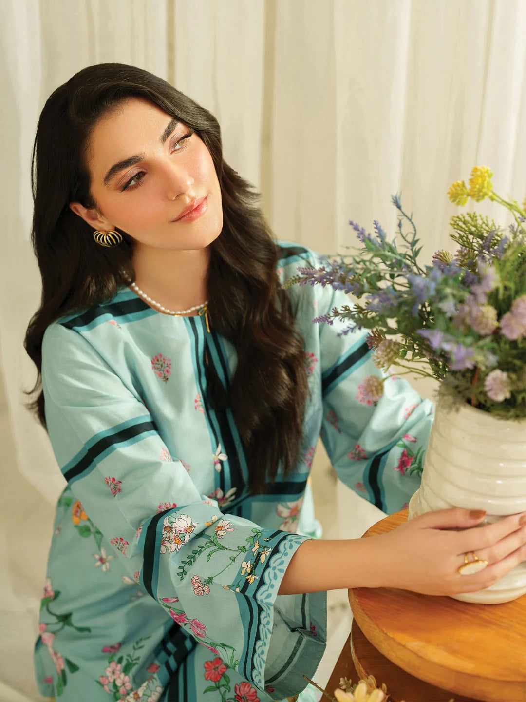 Sky Blue Floral Printed 2Pc CoOrd Set with Straight Fit Shirt & Matching Trouser