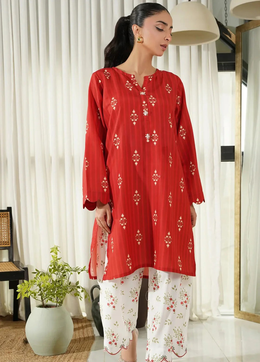 Sienna Red & White 2Pc Printed Poly Cambric Suit with Straight Fit Shirt & Trouser