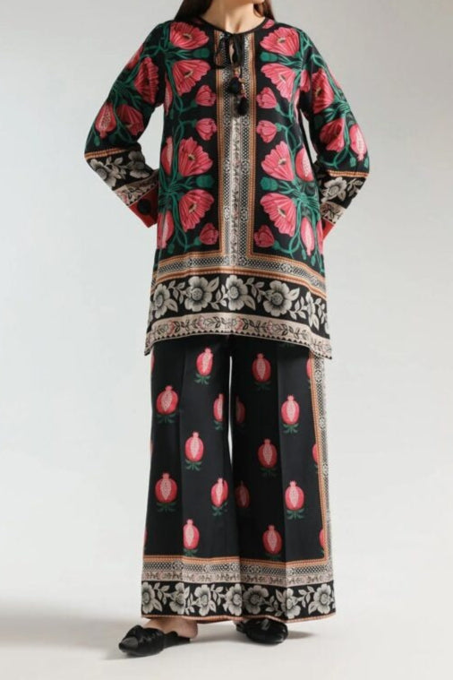 Pomegranate Bloom Chic Black Printed 2 Pc Suit with Stylish Floral Shirt & Trouser Set
