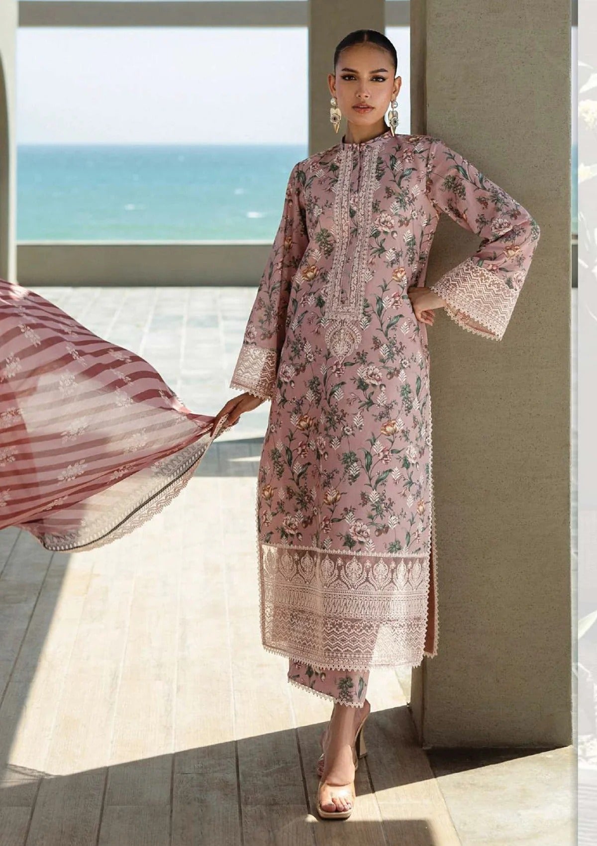 Summer-Ready Tea-Pink Unstitched 3‑Piece Lawn Ensemble with Chiffon Dupatta