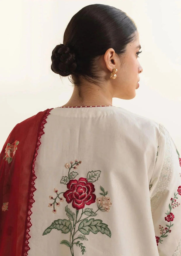 Cream & Red Lawn Embroidered Unstitched 3Pc Suit, Luxury Patchwork with Printed Dupatta