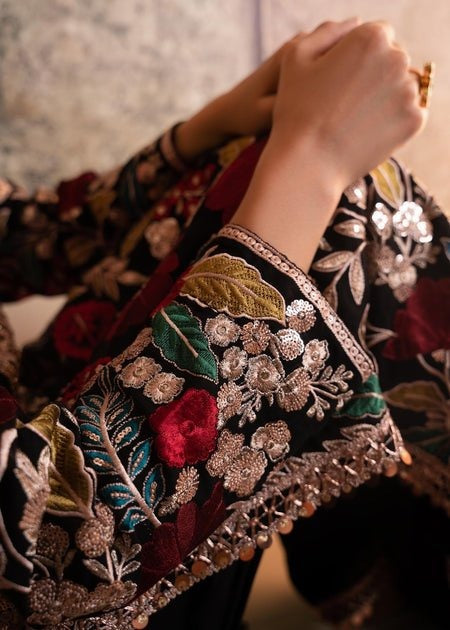 Premium Black Chiffon Embroidered 3Pc Suit with Satin Silk Trouser & Ready to Wear Dupatta