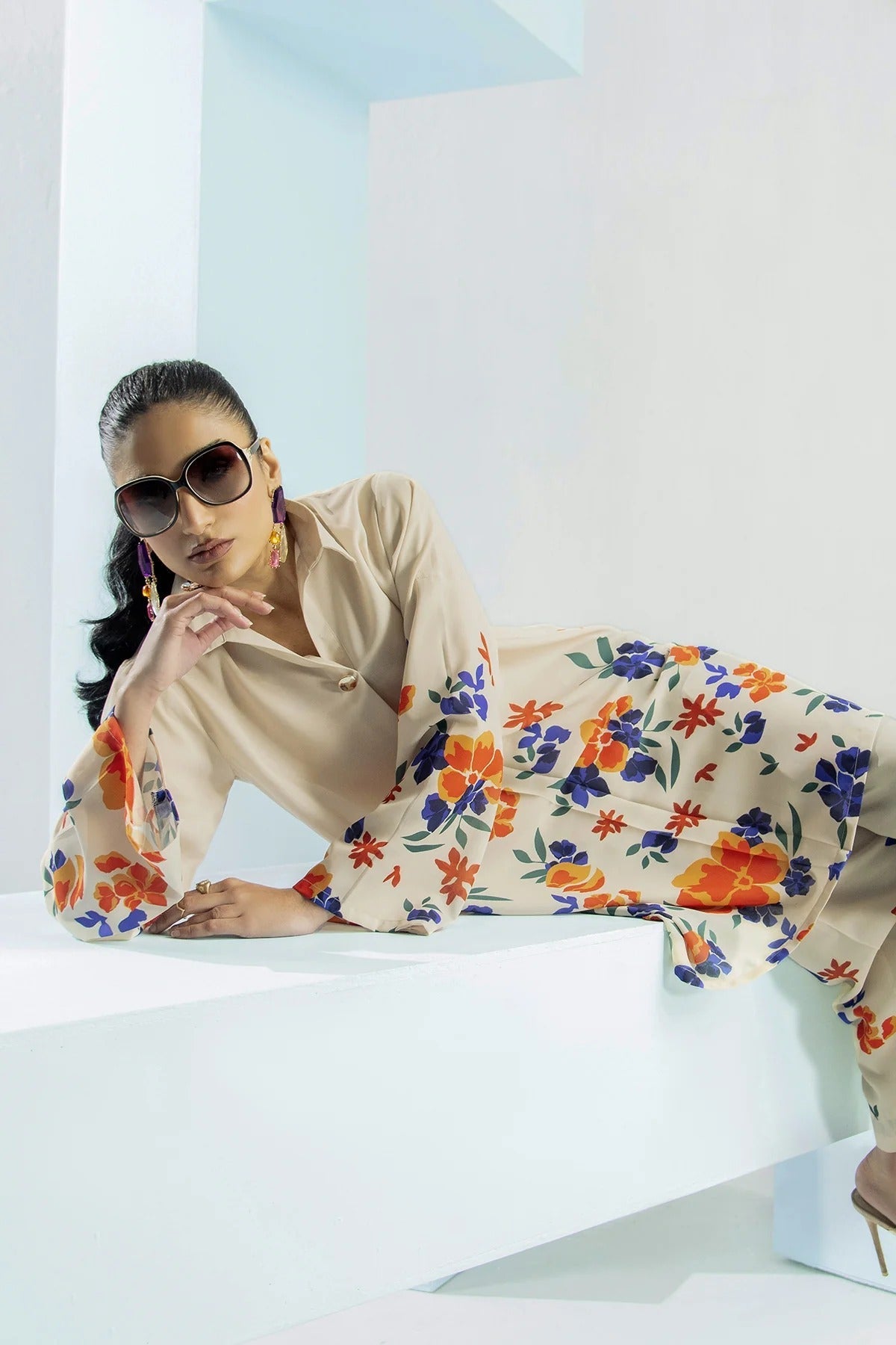 Beige Floral Printed Stitched 2Pc Suit with Trendy Ban Neck Shirt & Straight Trouser