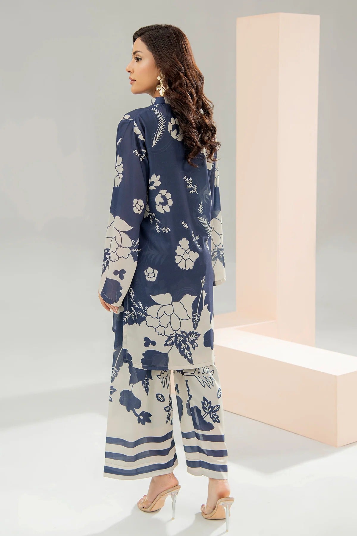Navy Blue Floral Printed 2Pc Stitched Suit for Women with Stylish CoOrd Set