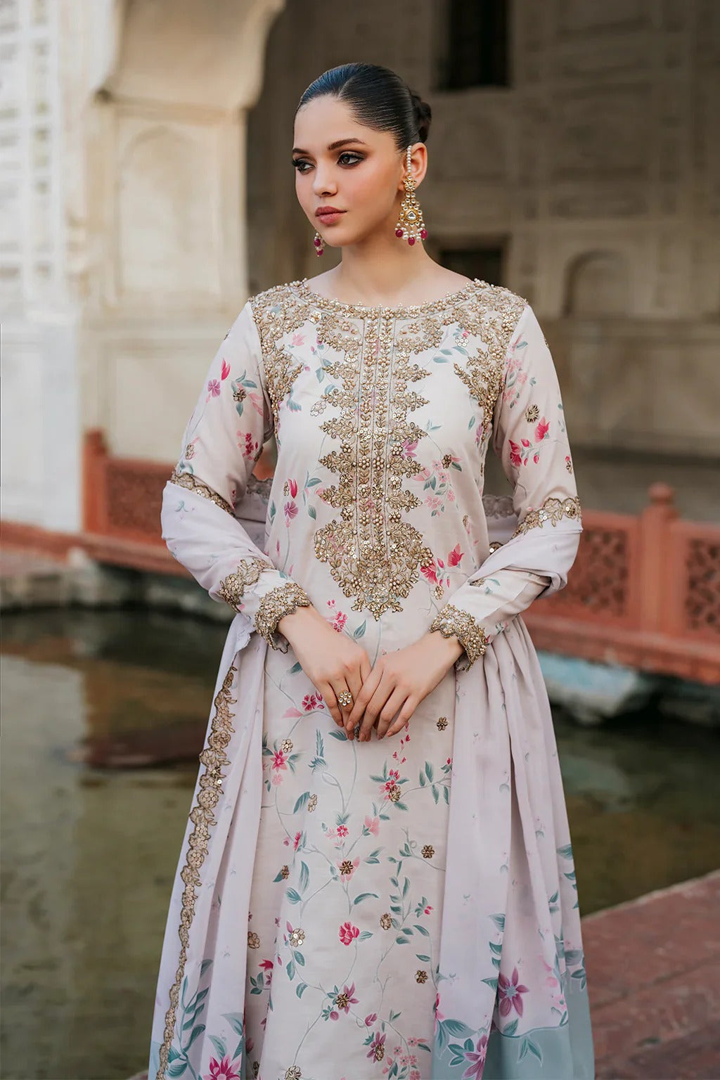 Znik Linen Embroidered 3Pc Suit with Soft Pink Floral Digital Print & Heavy Embroidery