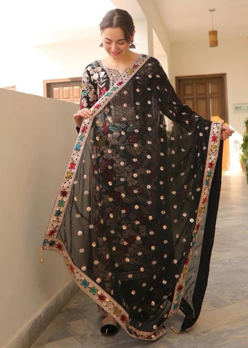Premium Black Chiffon Embroidered 3Pc Suit with Satin Silk Trouser & Ready to Wear Dupatta