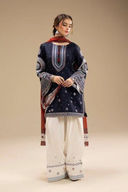 Luxury Navy Blue Embroidered Lawn 3PC Unstitched Suit & Printed Dupatta