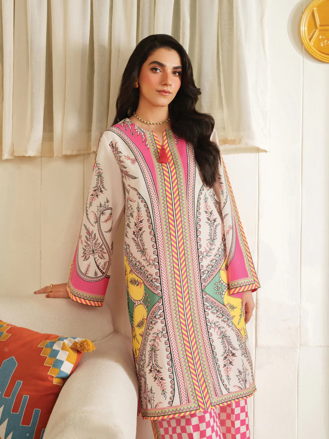 Vibrant Printed 2Pc Crepe Suit with Pink Geometric, Ethnic Fusion & Trouser Set