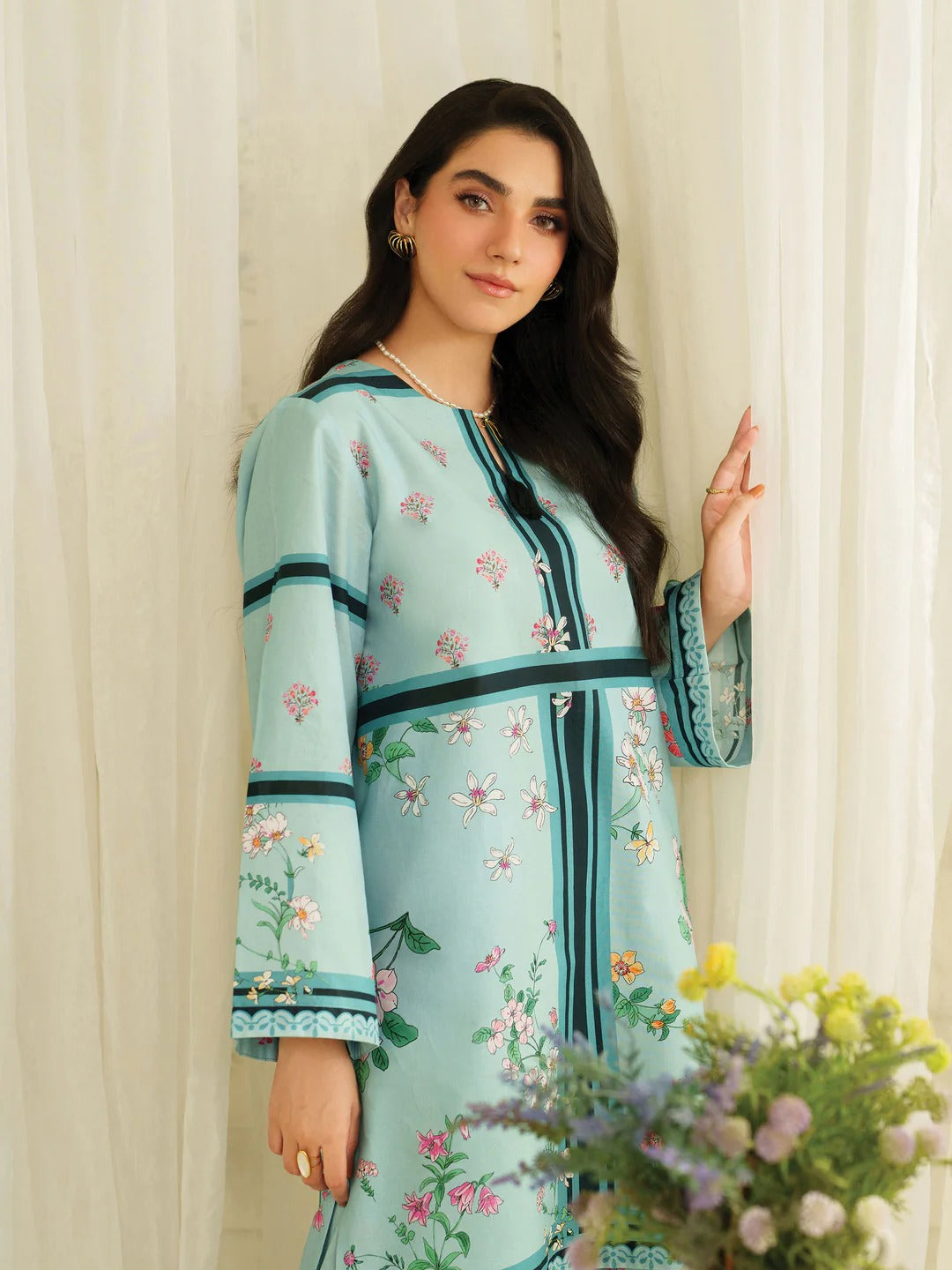 Sky Blue Floral Printed 2Pc CoOrd Set with Straight Fit Shirt & Matching Trouser