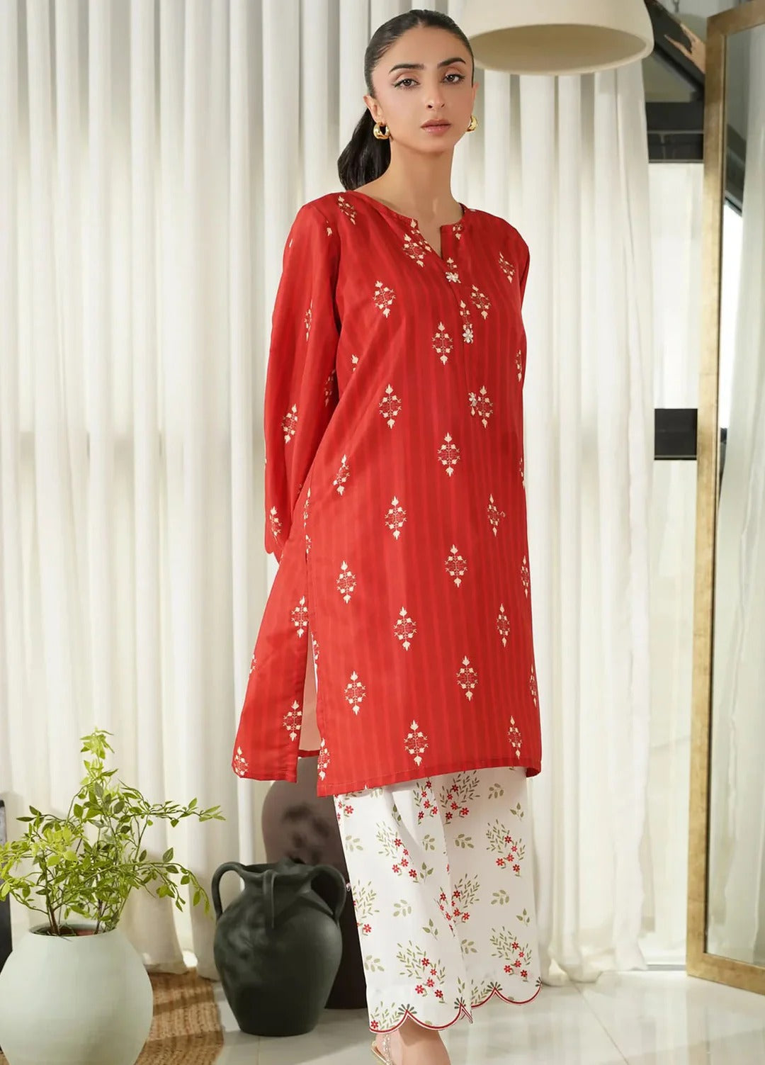 Sienna Red & White 2Pc Printed Poly Cambric Suit with Straight Fit Shirt & Trouser