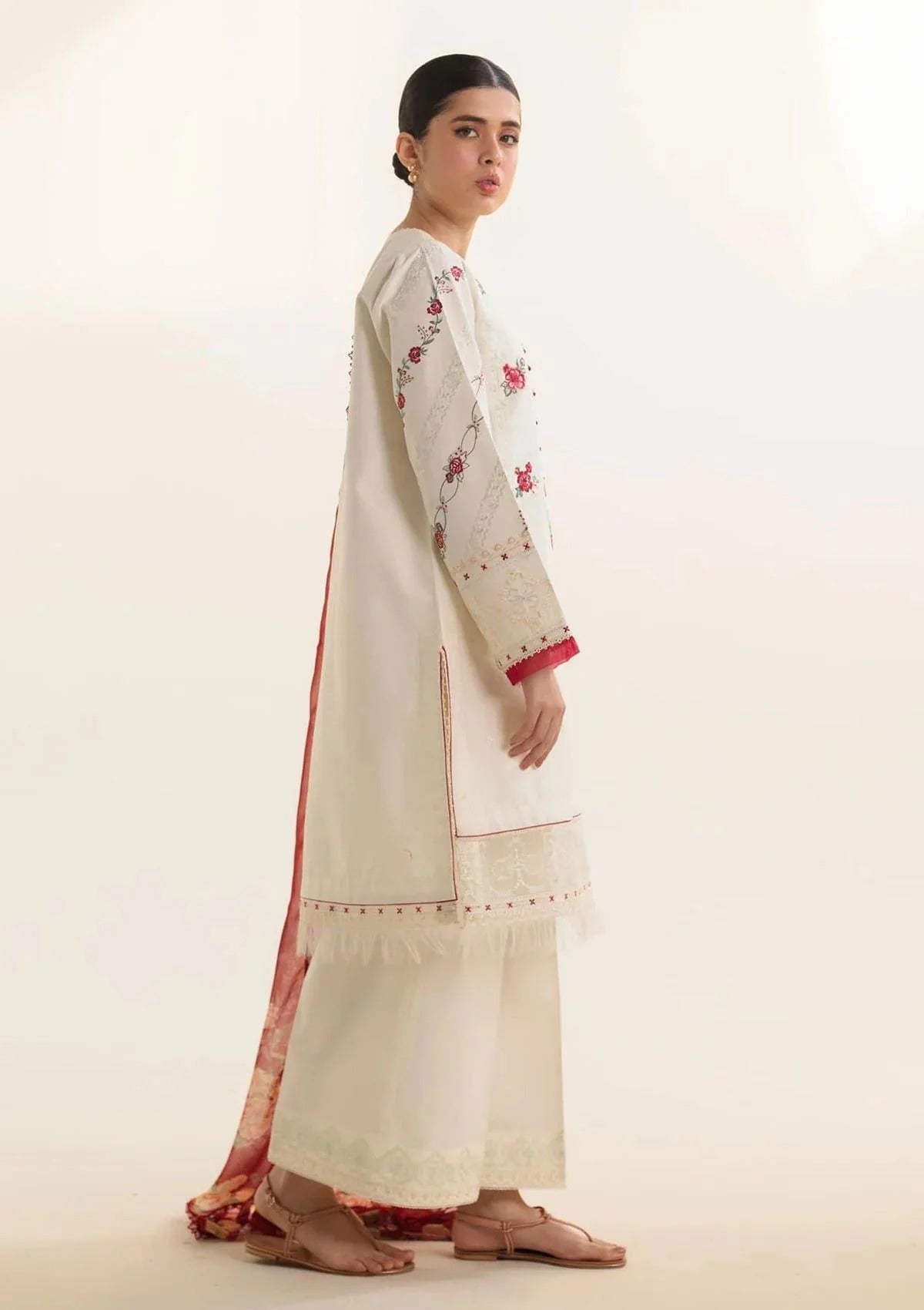 Cream & Red Lawn Embroidered Unstitched 3Pc Suit, Luxury Patchwork with Printed Dupatta