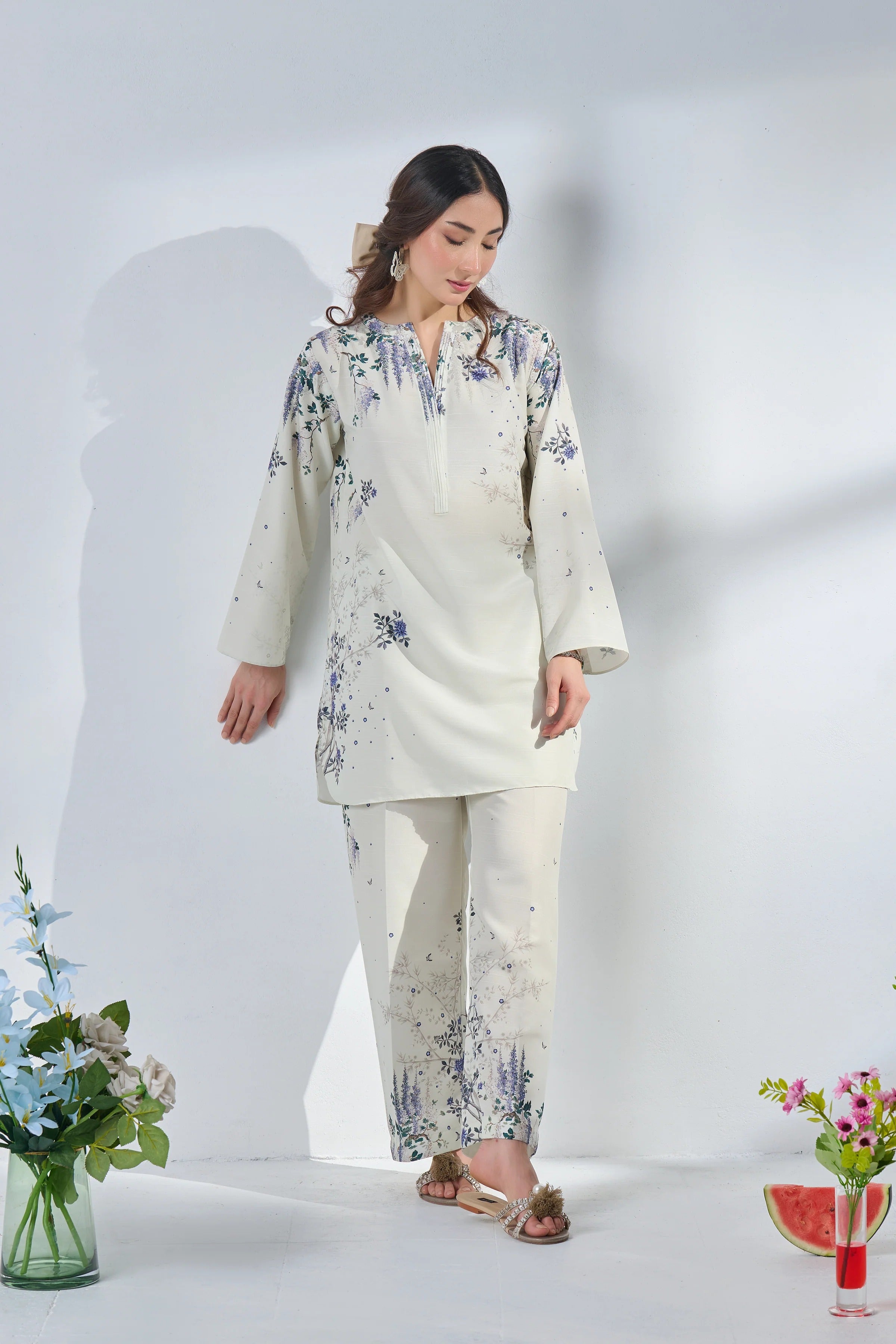 Graceful White & Lavender Floral 2Pc CoOrd Set with Chic Style Shirt, Printed Trouser