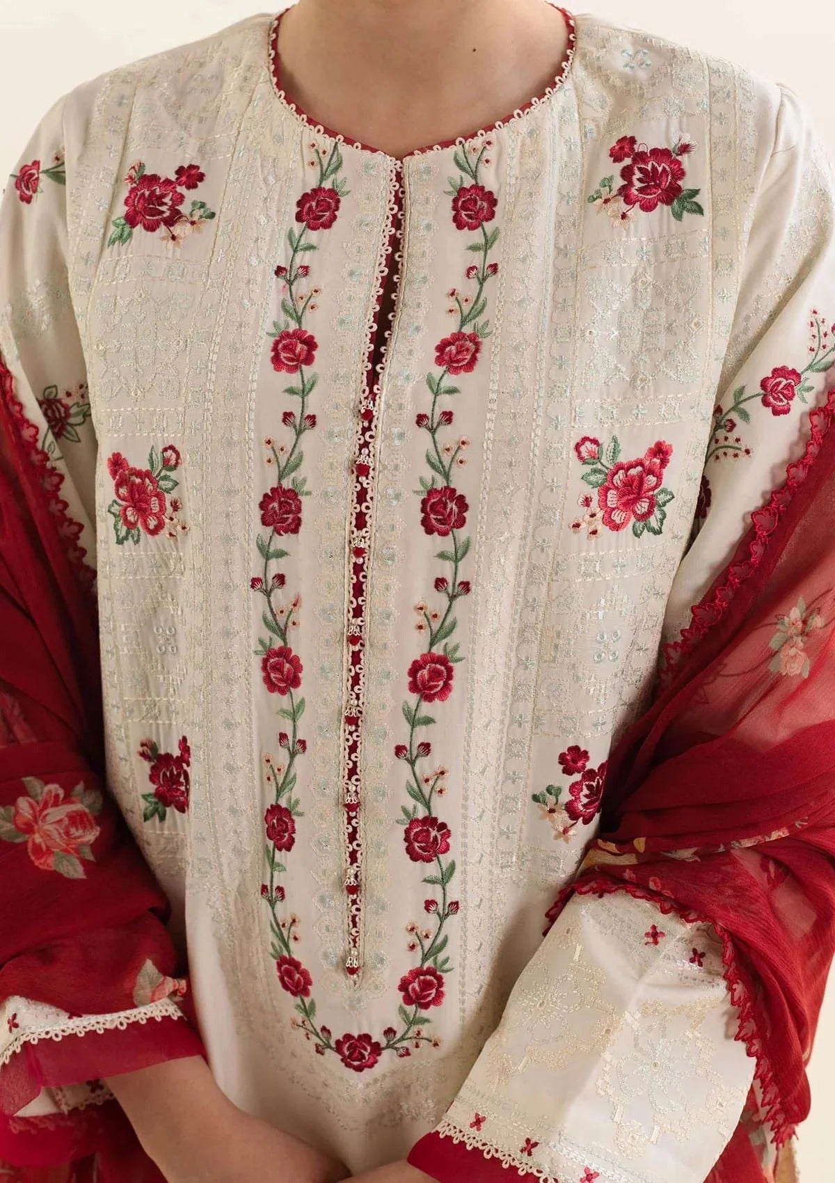 Cream & Red Lawn Embroidered Unstitched 3Pc Suit, Luxury Patchwork with Printed Dupatta