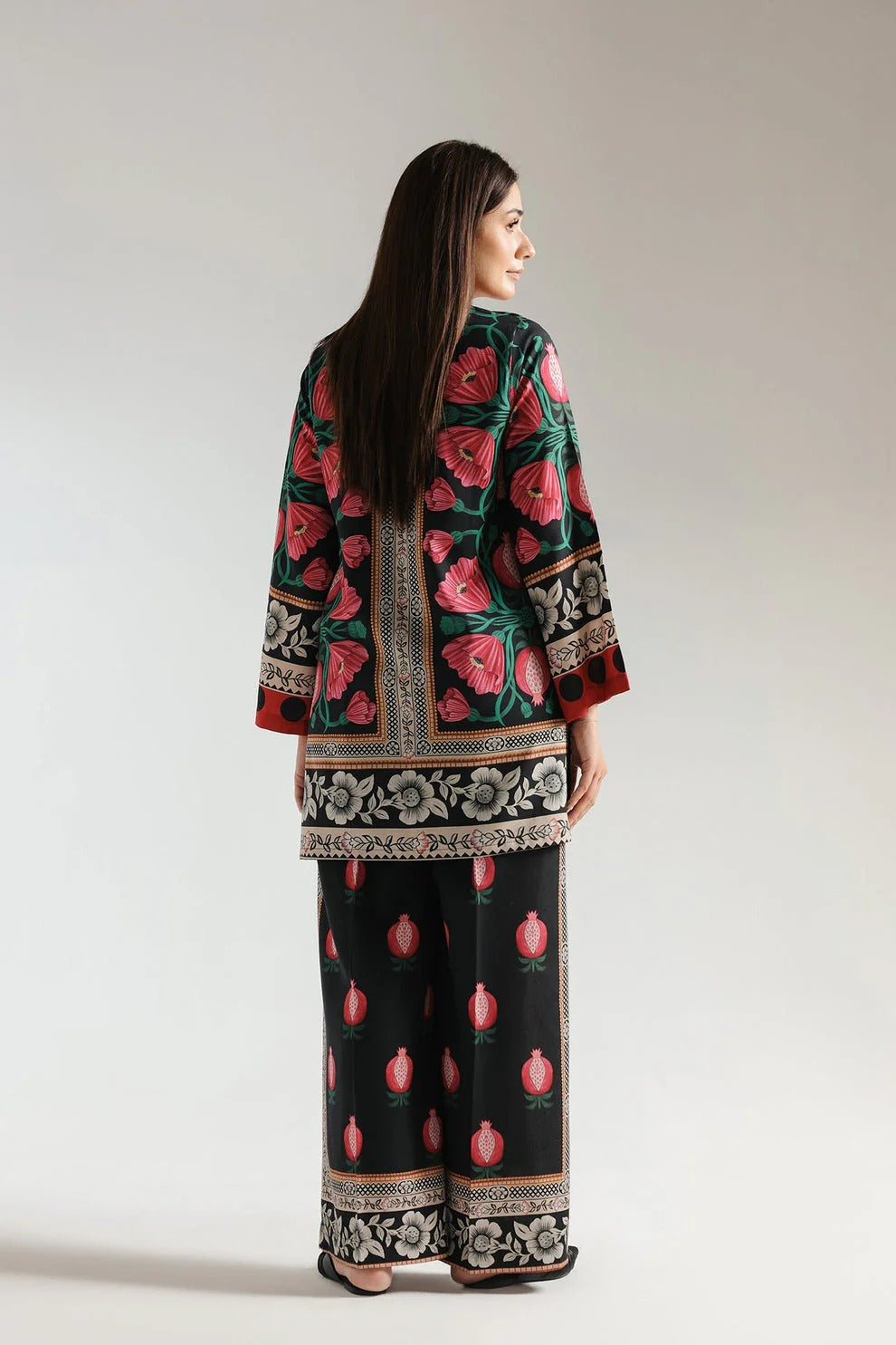 Pomegranate Bloom Chic Black Printed 2 Pc Suit with Stylish Floral Shirt & Trouser Set