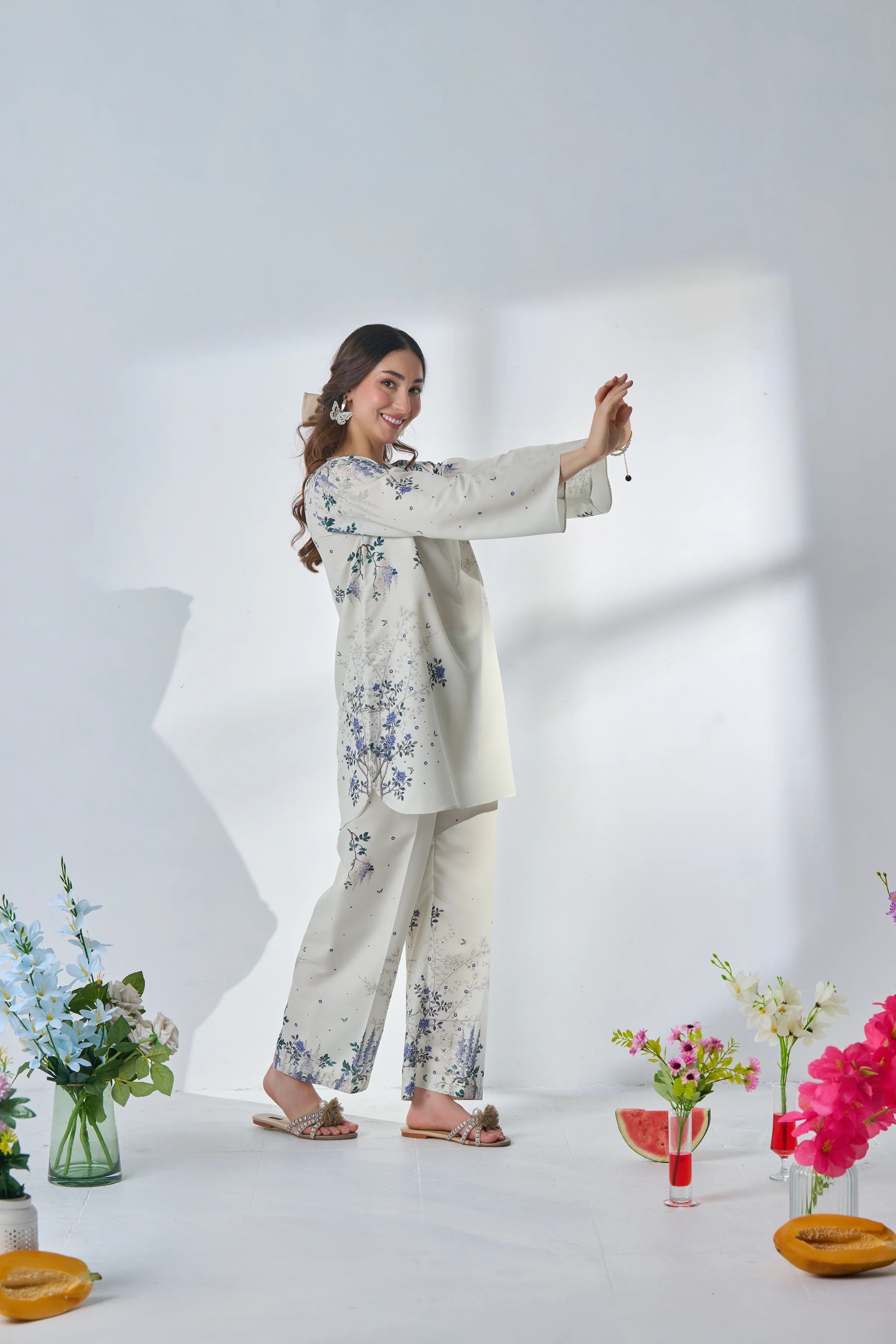 Graceful White & Lavender Floral 2Pc CoOrd Set with Chic Style Shirt, Printed Trouser
