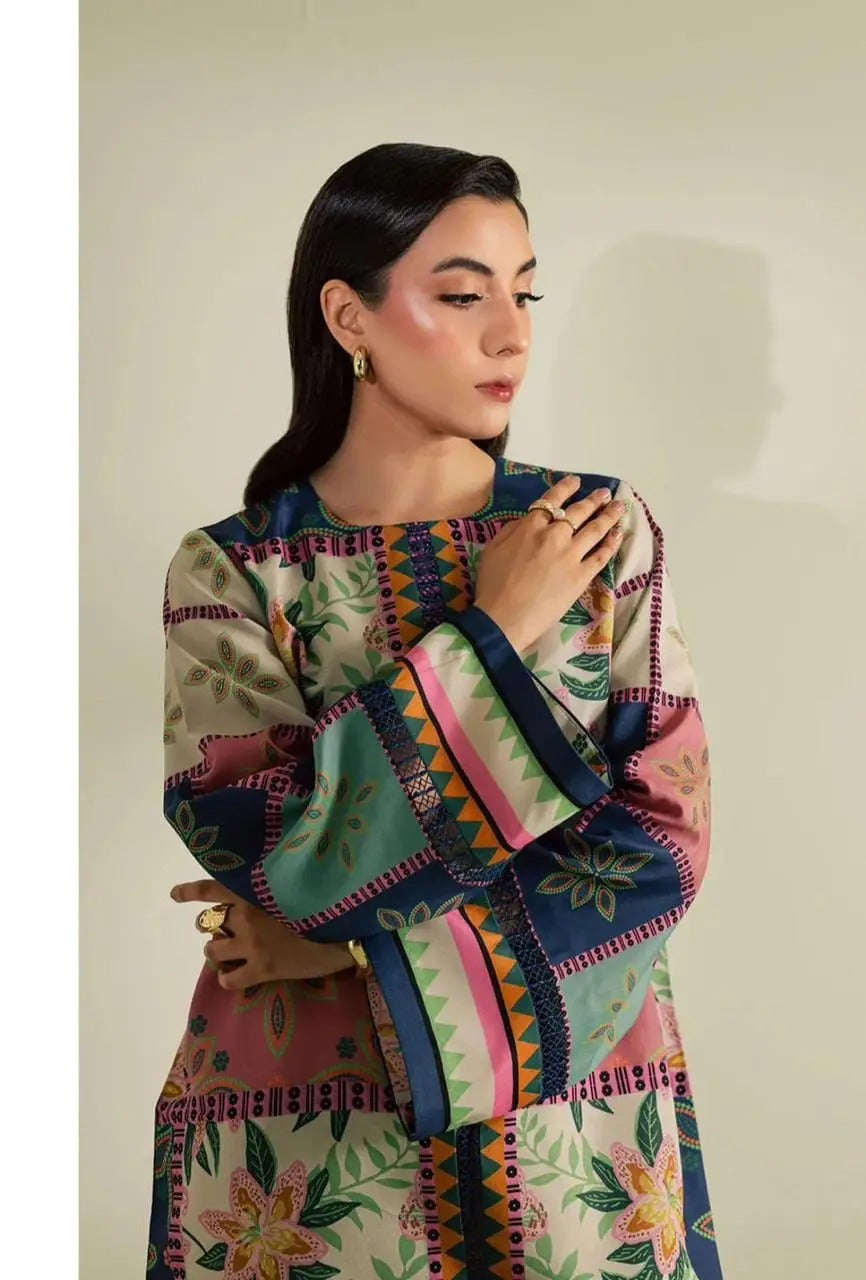 Multi Color Printed 2Pc with Premium Shirt Square Hem & Printed Trouser