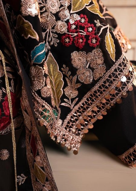 Premium Black Chiffon Embroidered 3Pc Suit with Satin Silk Trouser & Ready to Wear Dupatta