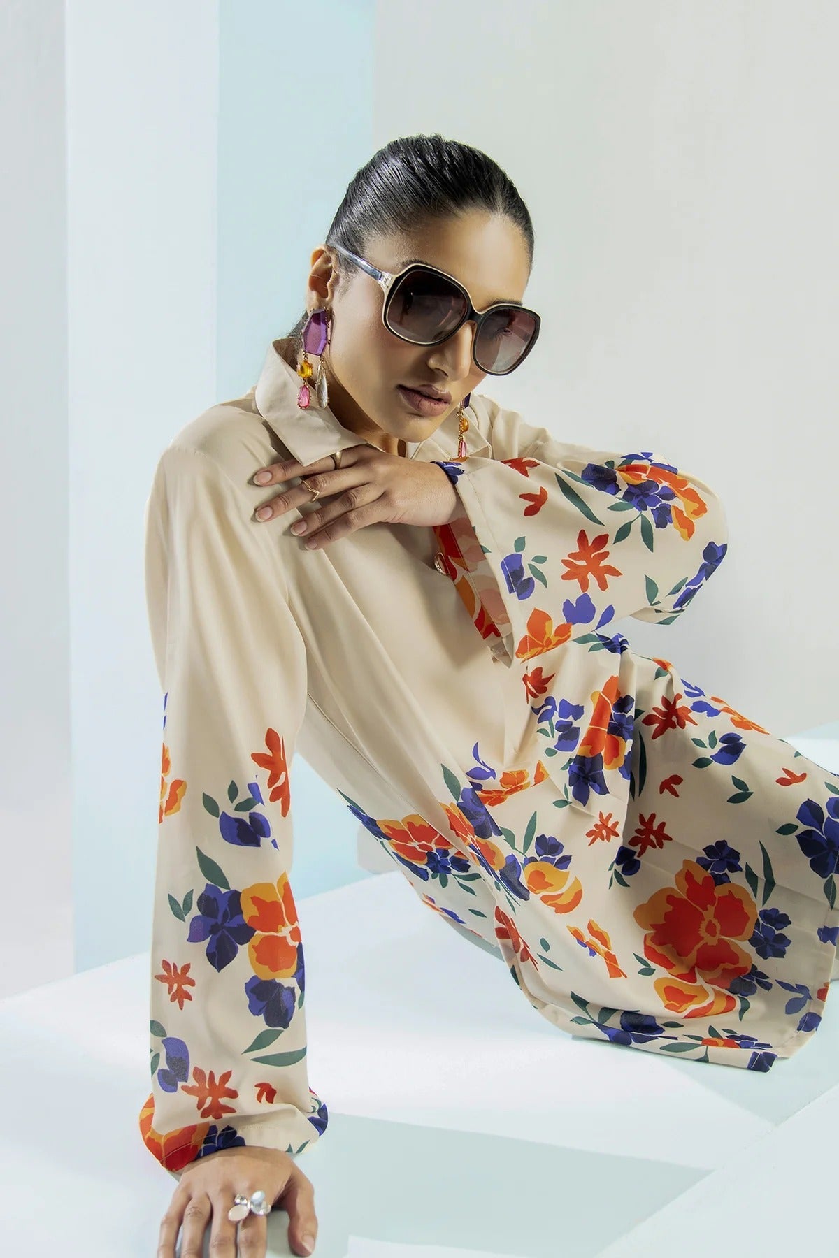 Beige Floral Printed Stitched 2Pc Suit with Trendy Ban Neck Shirt & Straight Trouser