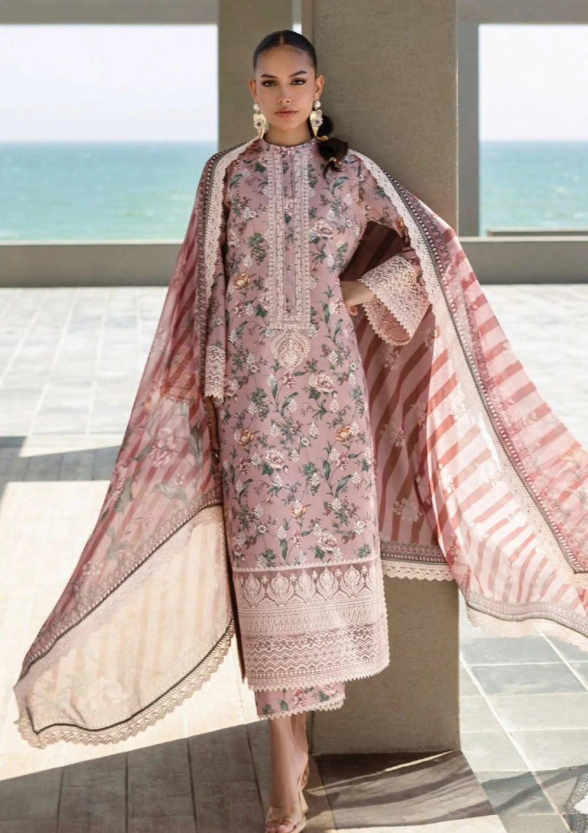 Summer-Ready Tea-Pink Unstitched 3‑Piece Lawn Ensemble with Chiffon Dupatta
