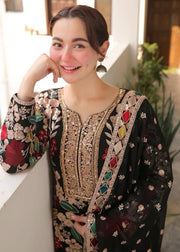 Premium Black Chiffon Embroidered 3Pc Suit with Satin Silk Trouser & Ready to Wear Dupatta