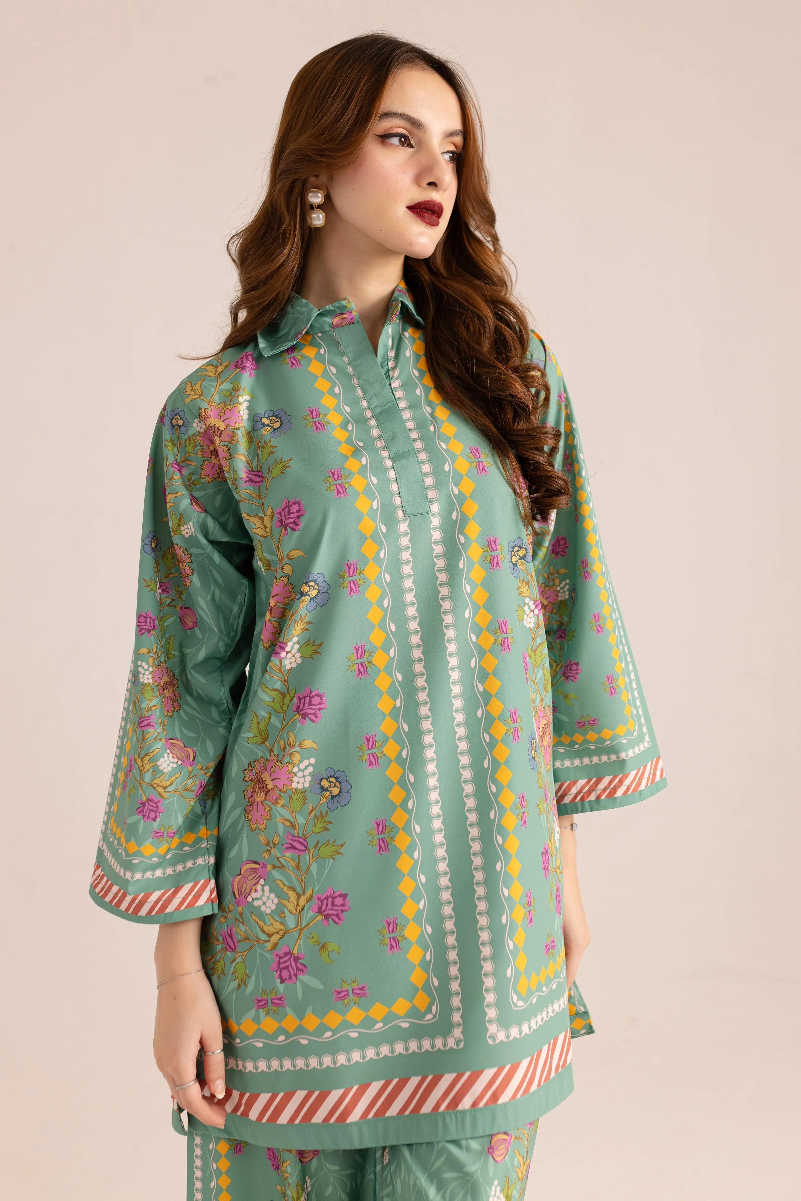 Mint Green 2Pc Crepe Suit with Floral Sublimation Print, Stylish Shirt & Trouser Ensemble