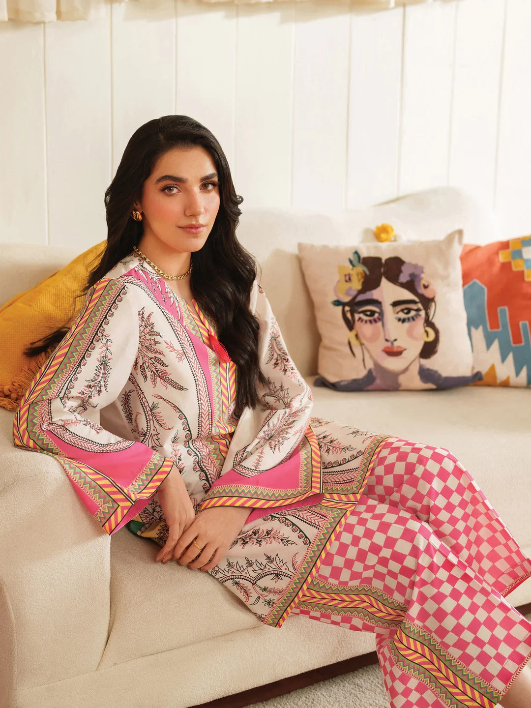 Vibrant Printed 2Pc Crepe Suit with Pink Geometric, Ethnic Fusion & Trouser Set
