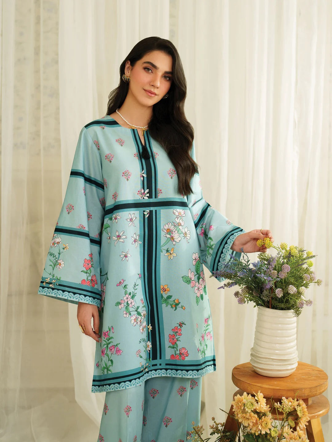 Sky Blue Floral Printed 2Pc CoOrd Set with Straight Fit Shirt & Matching Trouser