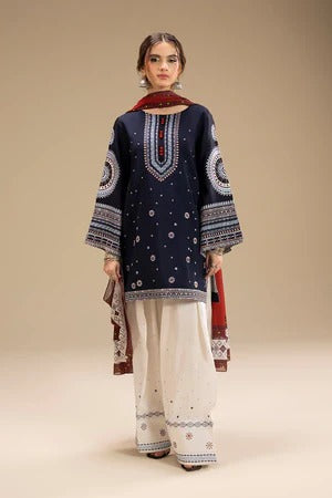 Luxury Navy Blue Embroidered Lawn 3PC Unstitched Suit & Printed Dupatta