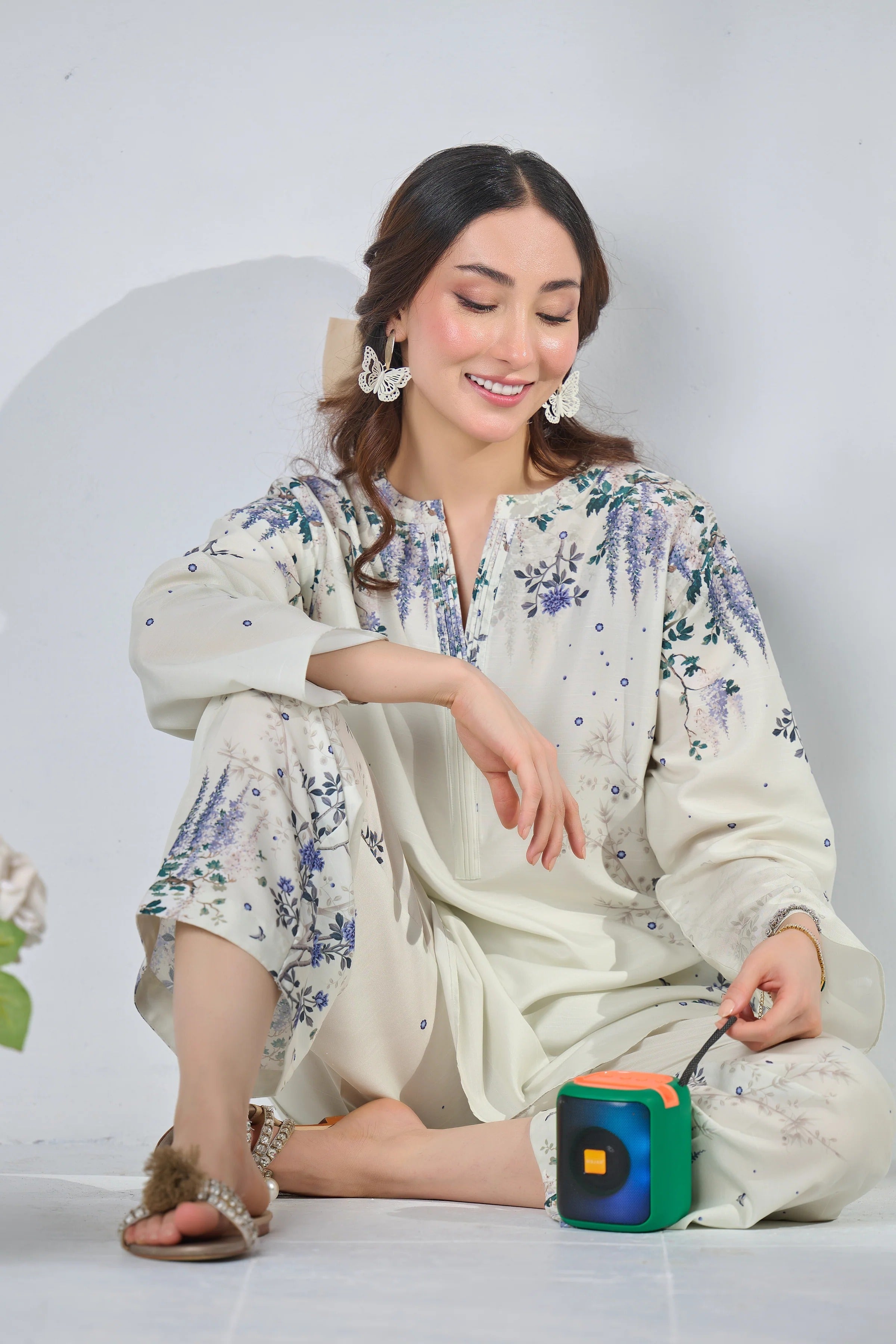 Graceful White & Lavender Floral 2Pc CoOrd Set with Chic Style Shirt, Printed Trouser