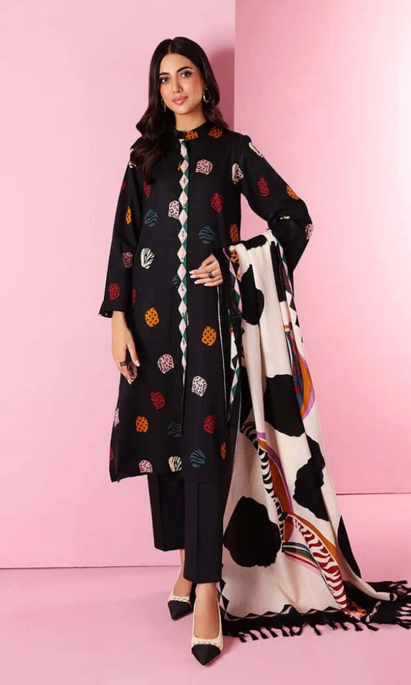Nishat Embroidered Dhanak 3Pc with Black Printed Shirt, Plain Trousers & Digital Wool Shawl