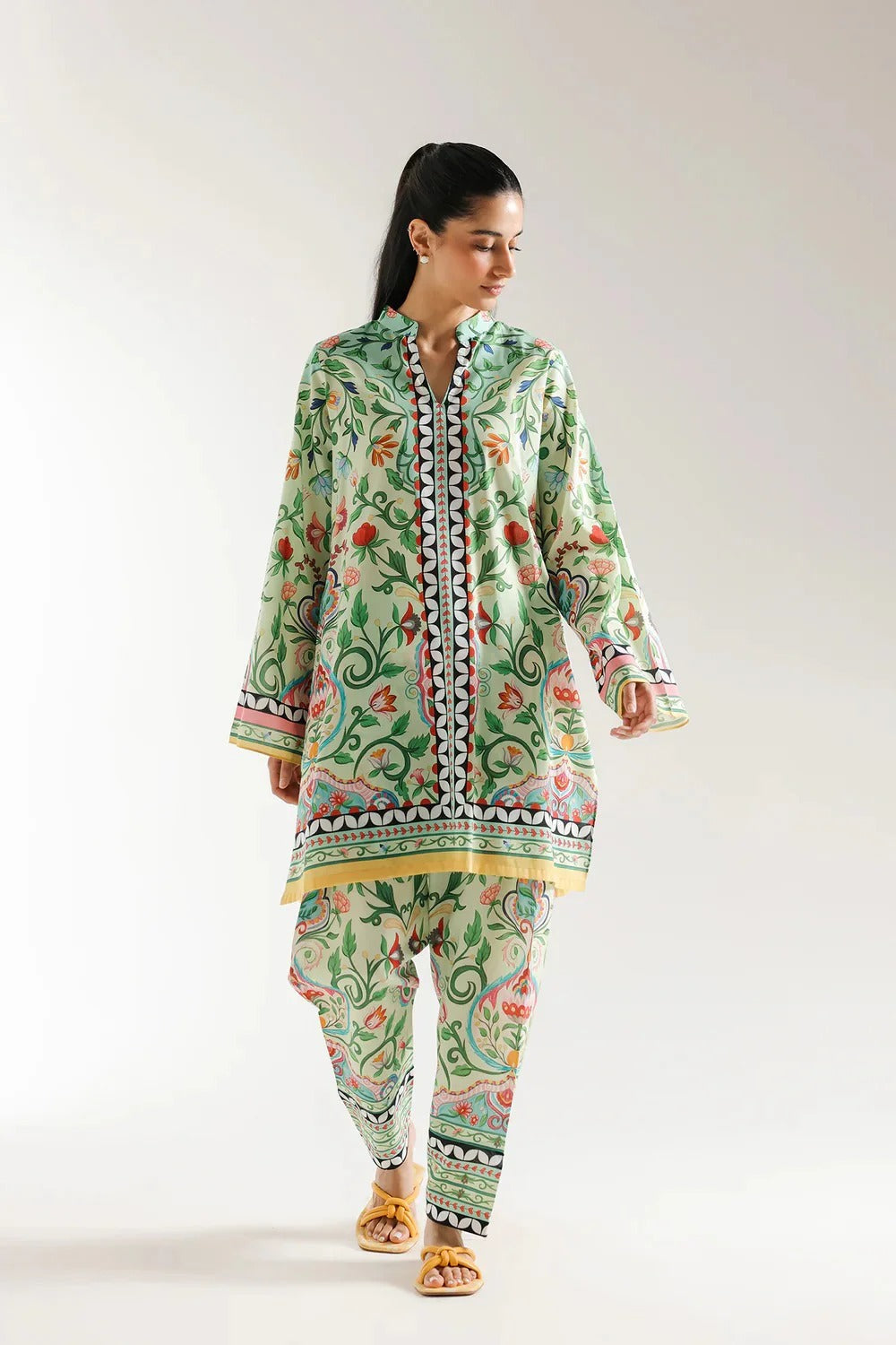 Pastel Green Floral Printed Stitched Lawn Suit with 2-Piece Casual Wear