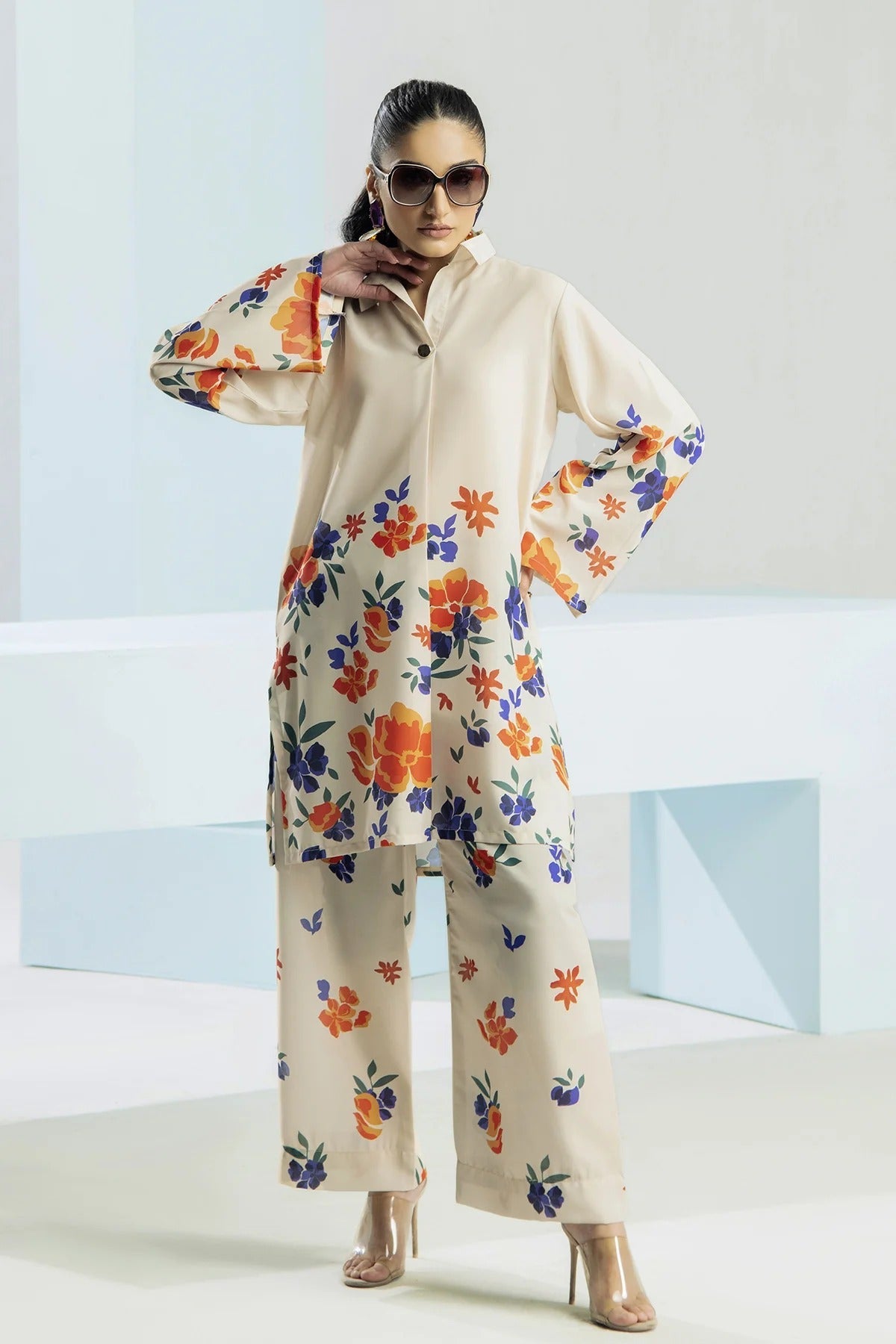 Beige Floral Printed Stitched 2Pc Suit with Trendy Ban Neck Shirt & Straight Trouser