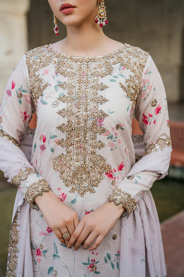 Znik Linen Embroidered 3Pc Suit with Soft Pink Floral Digital Print & Heavy Embroidery