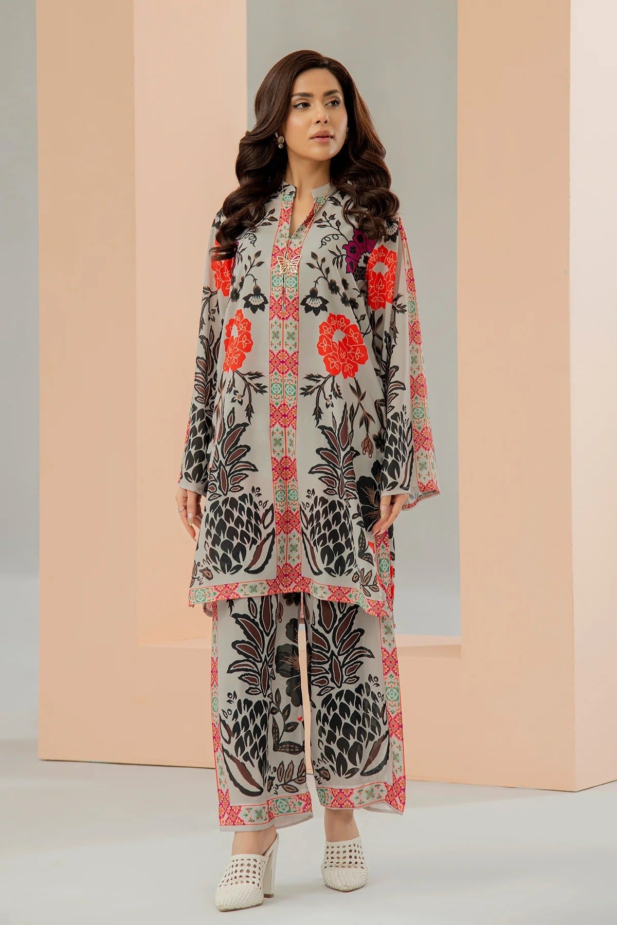 Elegant Grey Printed Co-Ord Set and Stitched 2 Piece with Bold Ethnic Floral