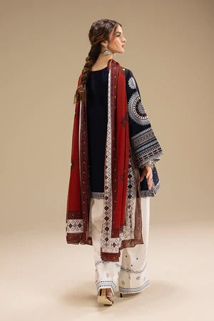 Luxury Navy Blue Embroidered Lawn 3PC Unstitched Suit & Printed Dupatta