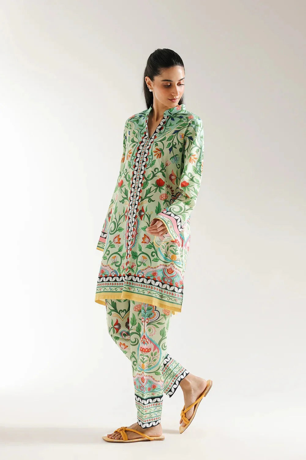 Pastel Green Floral Printed Stitched Lawn Suit with 2-Piece Casual Wear