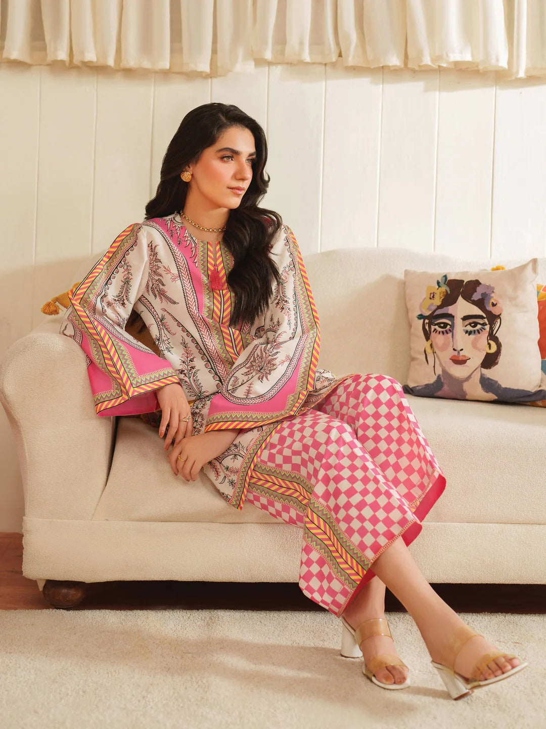 Vibrant Printed 2Pc Crepe Suit with Pink Geometric, Ethnic Fusion & Trouser Set