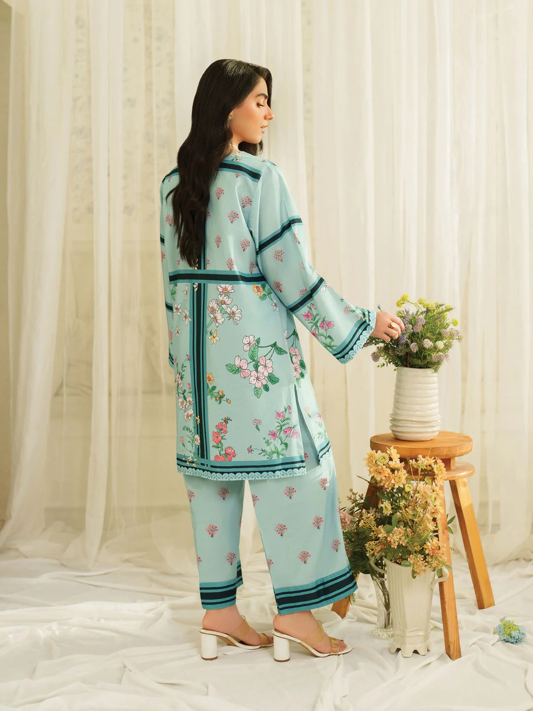 Sky Blue Floral Printed 2Pc CoOrd Set with Straight Fit Shirt & Matching Trouser