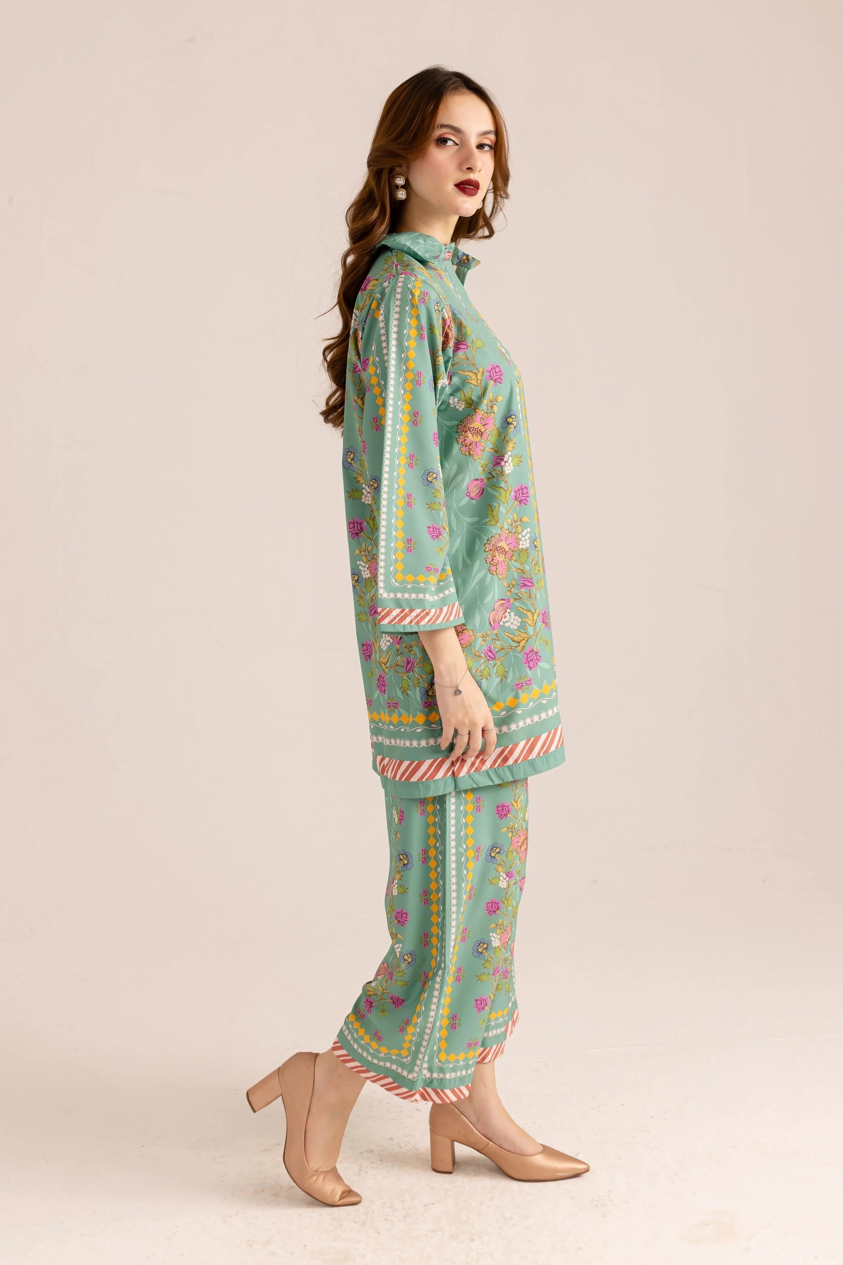 Mint Green 2Pc Crepe Suit with Floral Sublimation Print, Stylish Shirt & Trouser Ensemble
