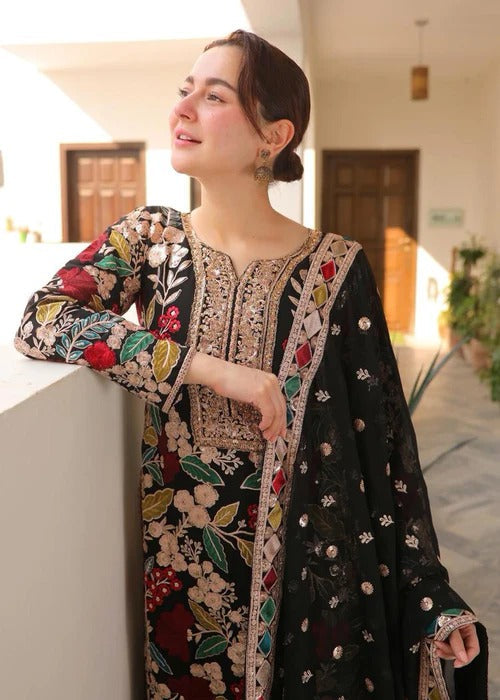 Premium Black Chiffon Embroidered 3Pc Suit with Satin Silk Trouser & Ready to Wear Dupatta
