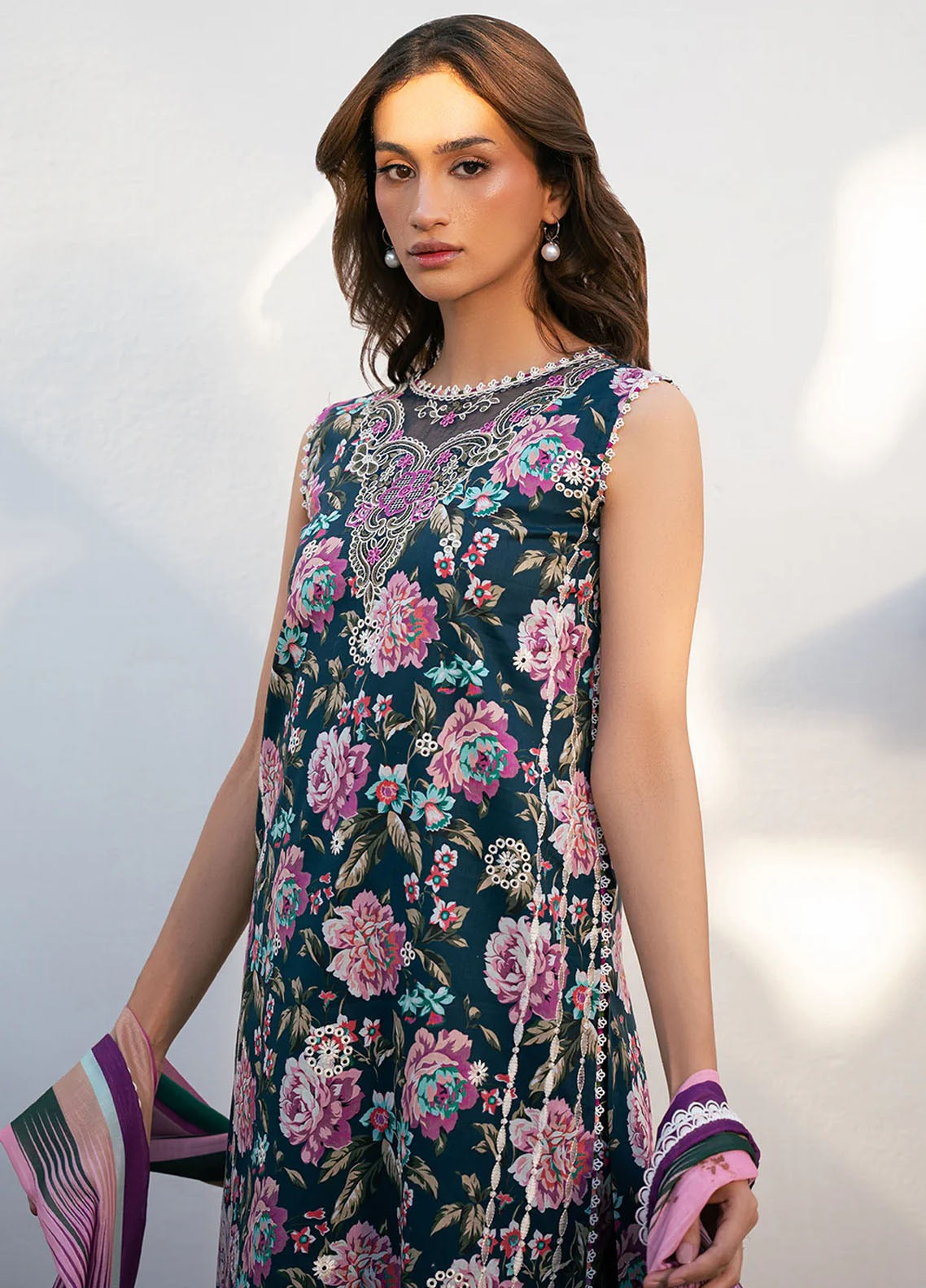 Floral Fantasy Unstitched 3 Piece Lawn Suit – Navy Base with Embroidered Details & Printed Dupatta