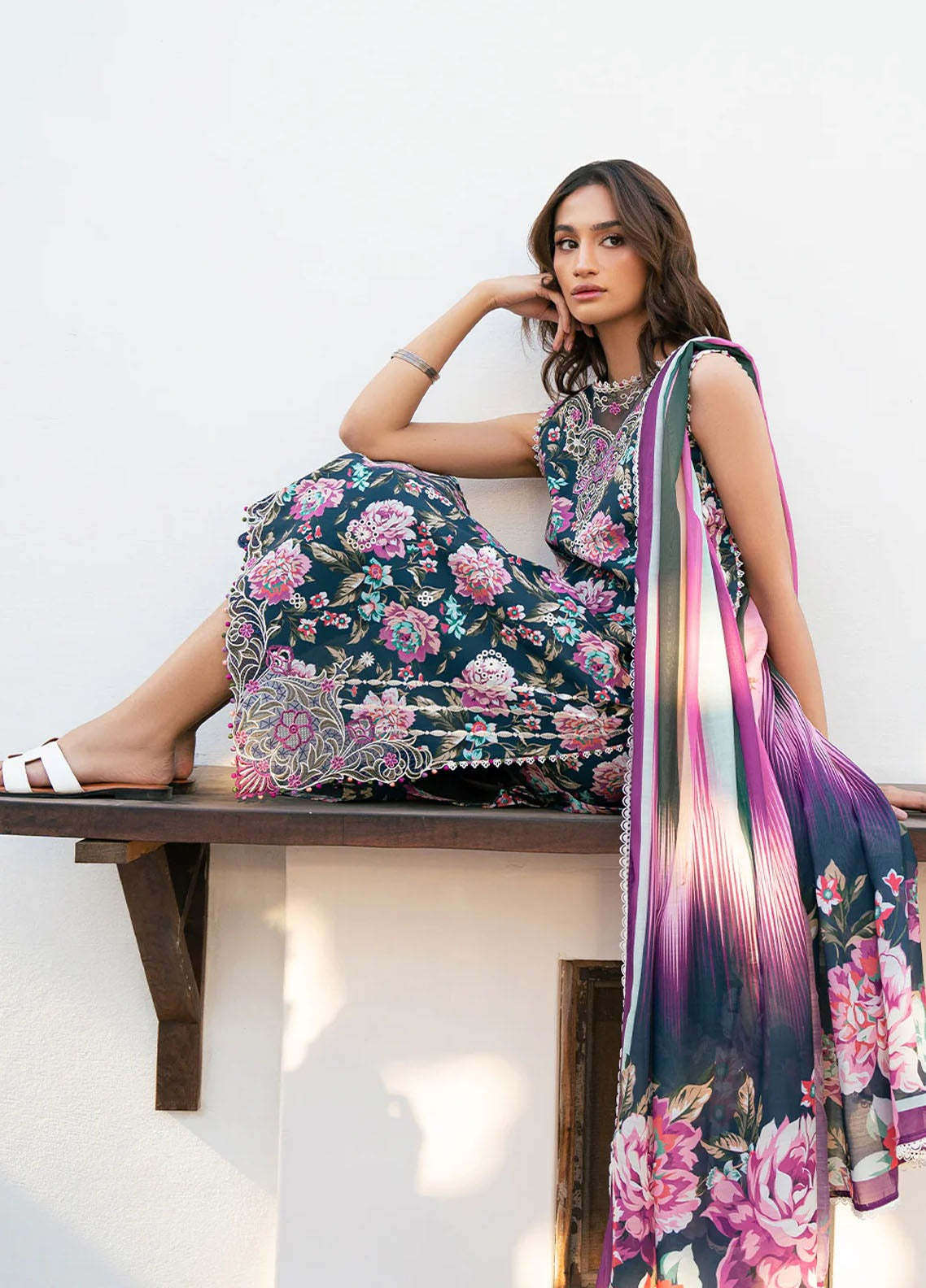 Floral Fantasy Unstitched 3 Piece Lawn Suit – Navy Base with Embroidered Details & Printed Dupatta