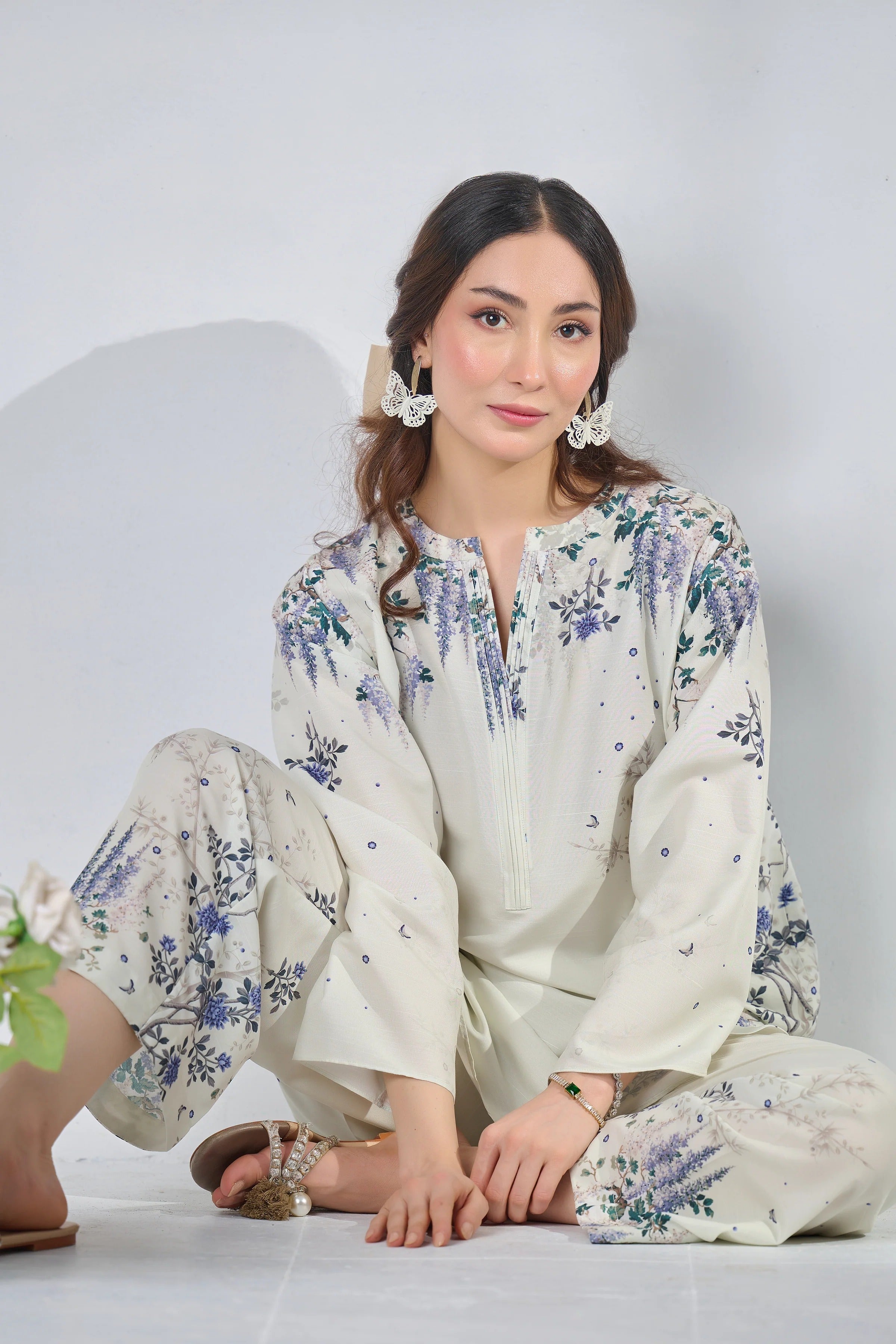 Graceful White & Lavender Floral 2Pc CoOrd Set with Chic Style Shirt, Printed Trouser