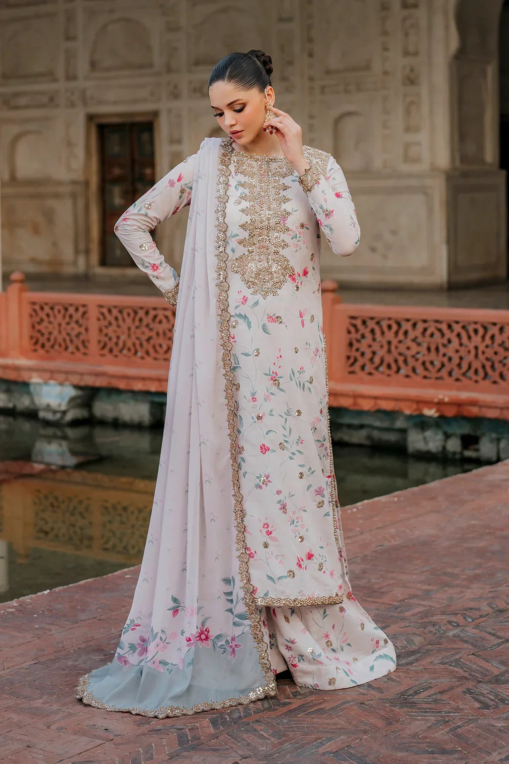 Znik Linen Embroidered 3Pc Suit with Soft Pink Floral Digital Print & Heavy Embroidery