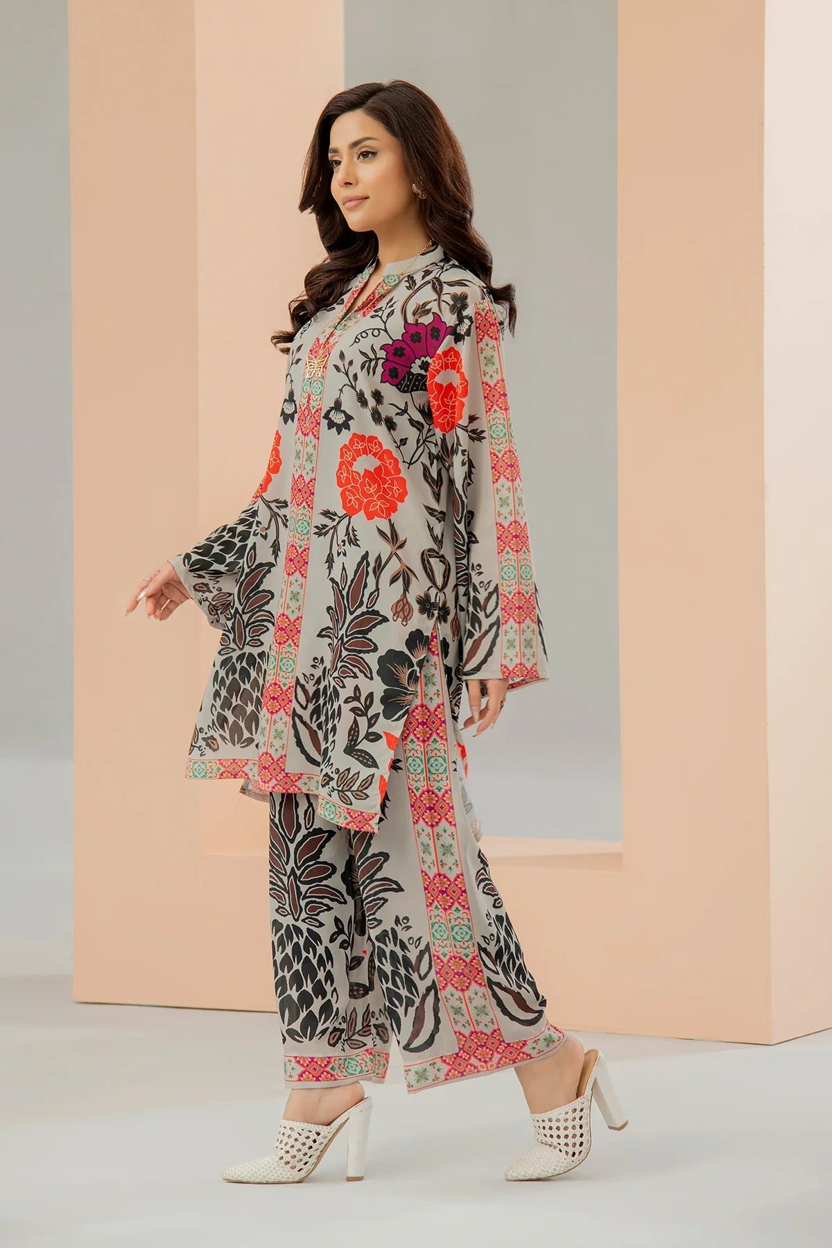 Elegant Grey Printed Co-Ord Set and Stitched 2 Piece with Bold Ethnic Floral