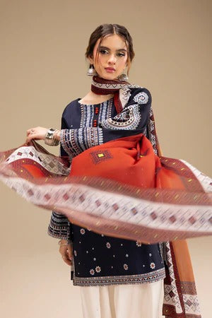 Luxury Navy Blue Embroidered Lawn 3PC Unstitched Suit & Printed Dupatta
