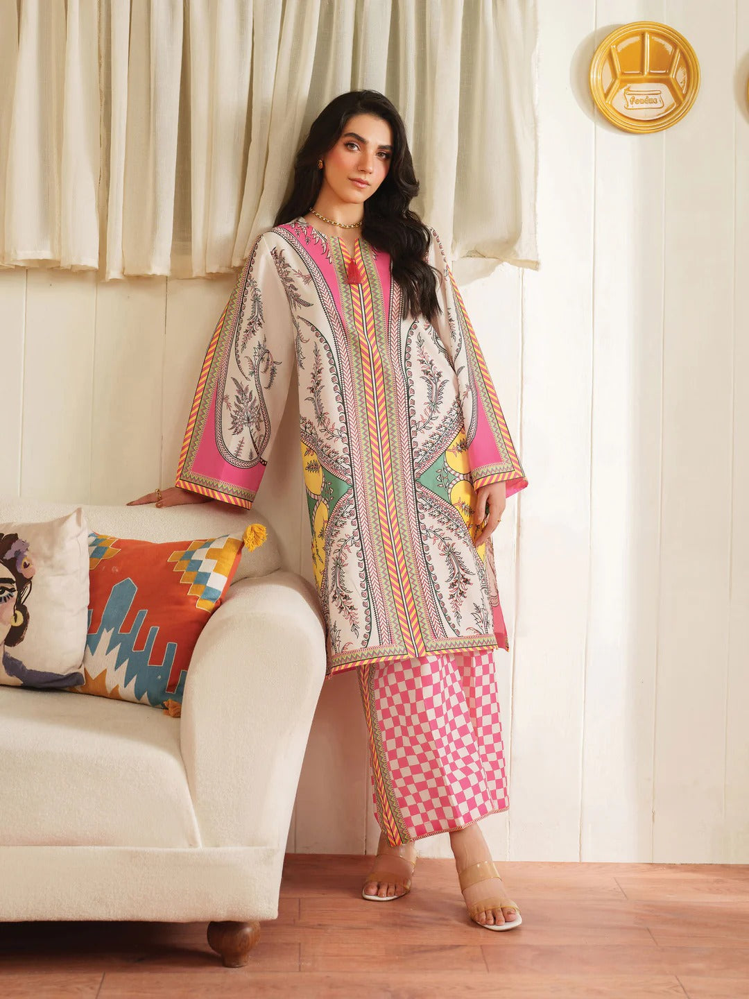 Vibrant Printed 2Pc Crepe Suit with Pink Geometric, Ethnic Fusion & Trouser Set
