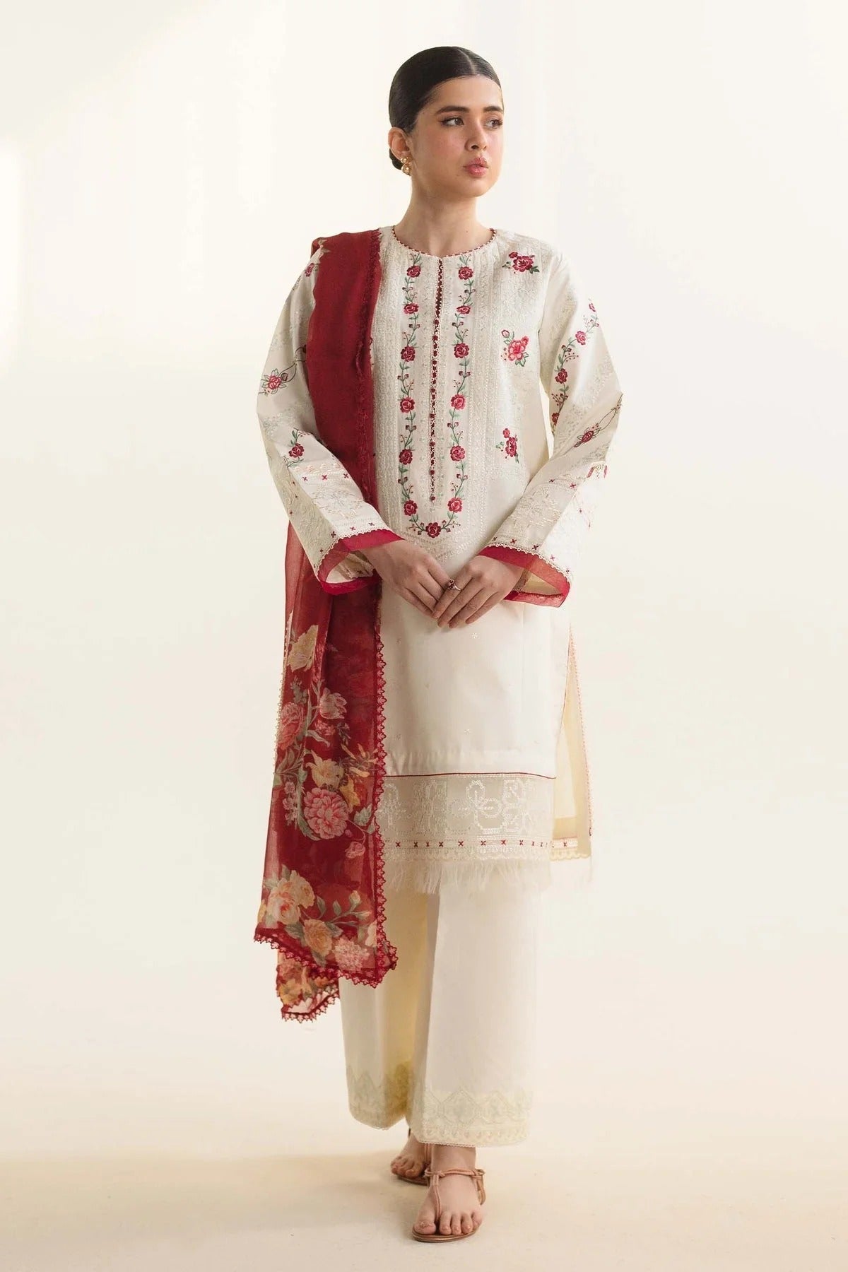 Cream & Red Lawn Embroidered Unstitched 3Pc Suit, Luxury Patchwork with Printed Dupatta