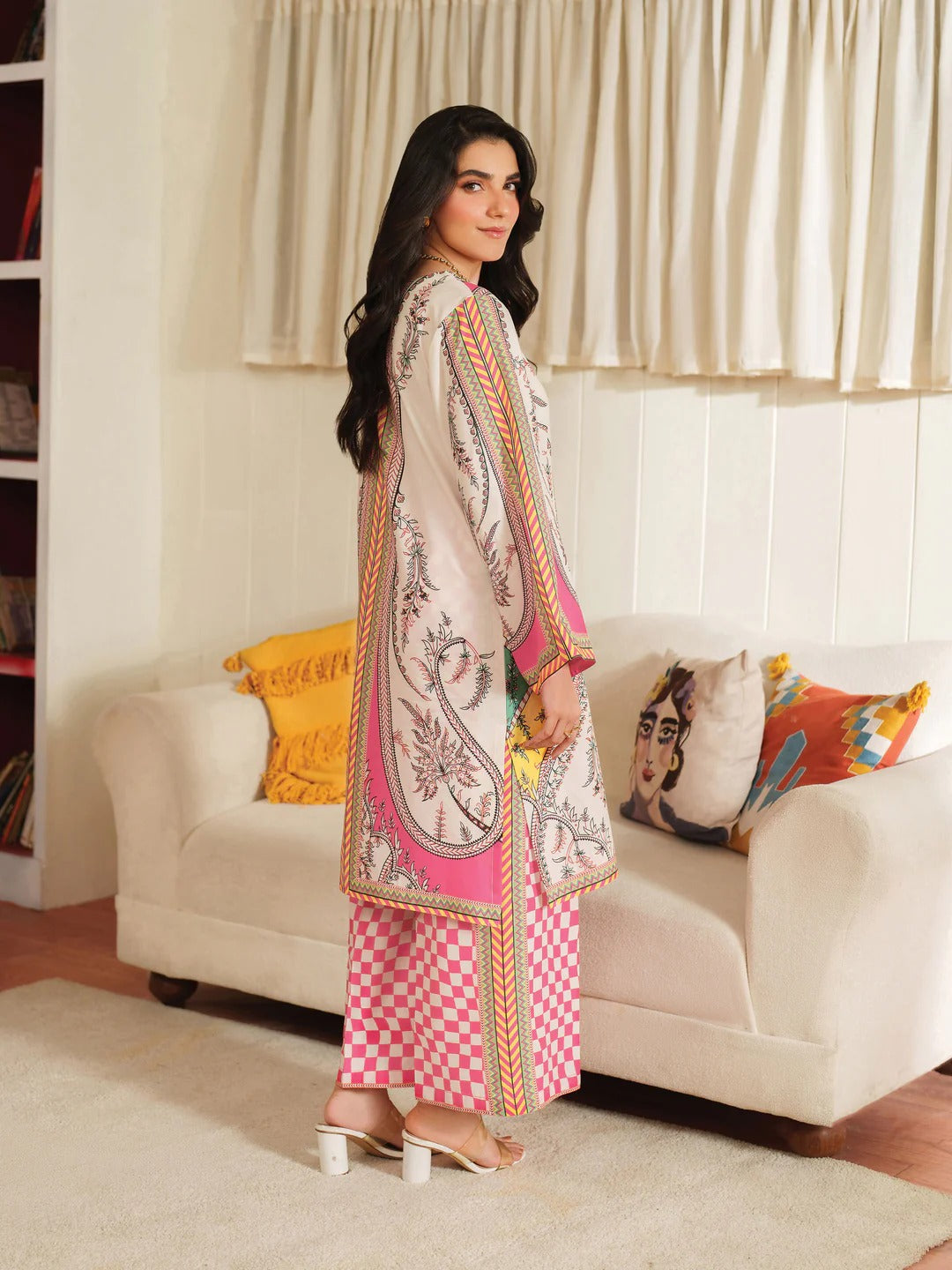 Vibrant Printed 2Pc Crepe Suit with Pink Geometric, Ethnic Fusion & Trouser Set
